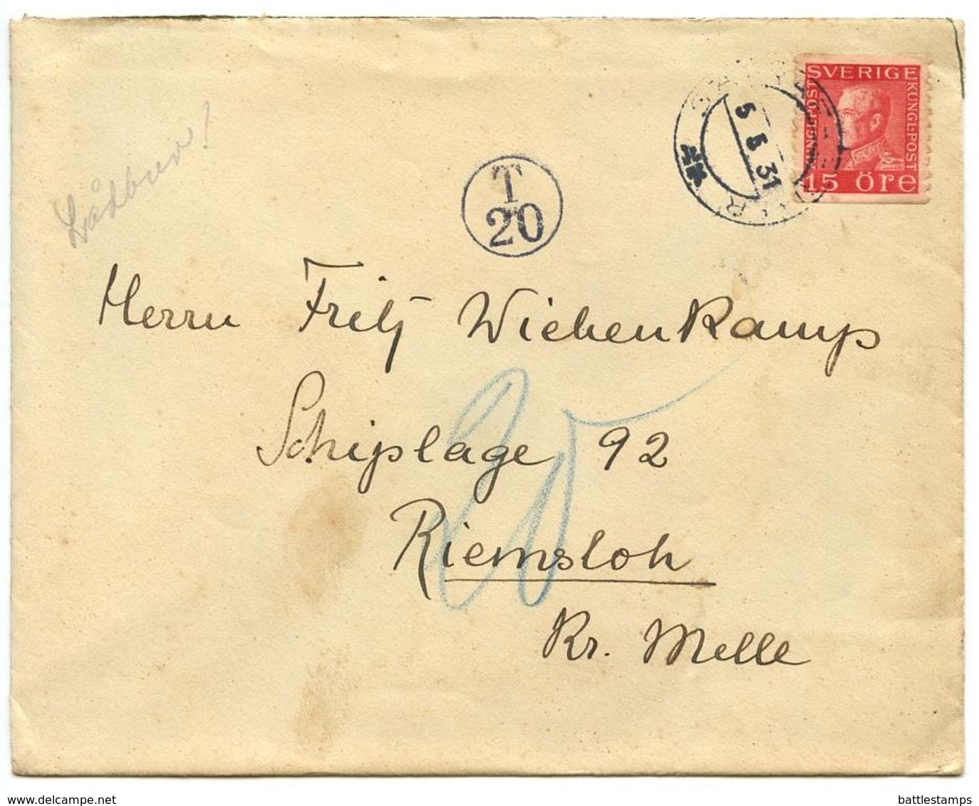 Sweden 1931 Cover Sätra Fabriker To Riemsloh, Kr. Melle, Germany, Postage Due - Lettres & Documents