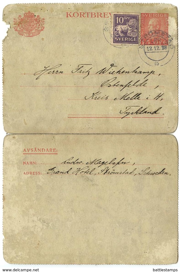 Sweden 1928 Uprated Letter Card Strömstad To Ostenflede, Kreis Melle, Germany - Postal Stationery