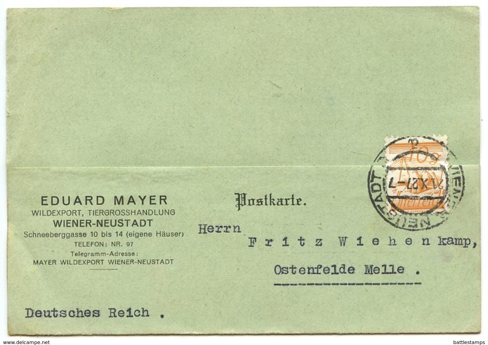 Austria 1927 Postcard Wiender-Neustade - Eduard Mayer, Wildexport, Tiergrosshandlung - Brieven En Documenten