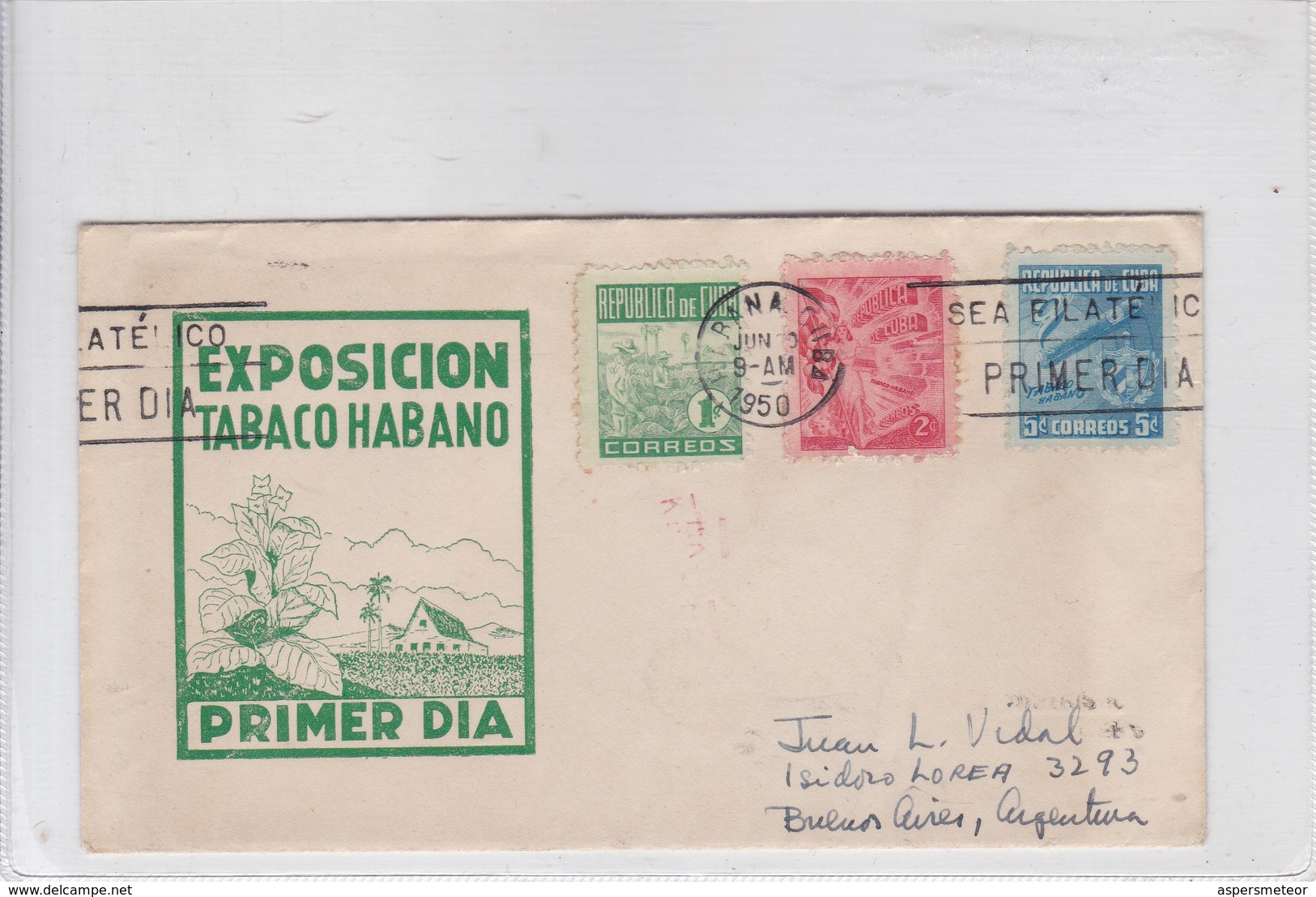 FDC. EXPOSICION TABACO HABANO. CIRCULEE BUENOS AIRES 1950. BANDELETA PARLANTE, FULL CONTENT INSIDE. CUBA -BLEUP - Brieven En Documenten