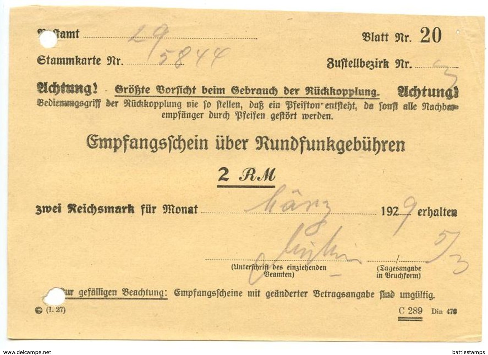 Germany 1929 Empfangsschein über Rundfunkgebühren - 1900 – 1949