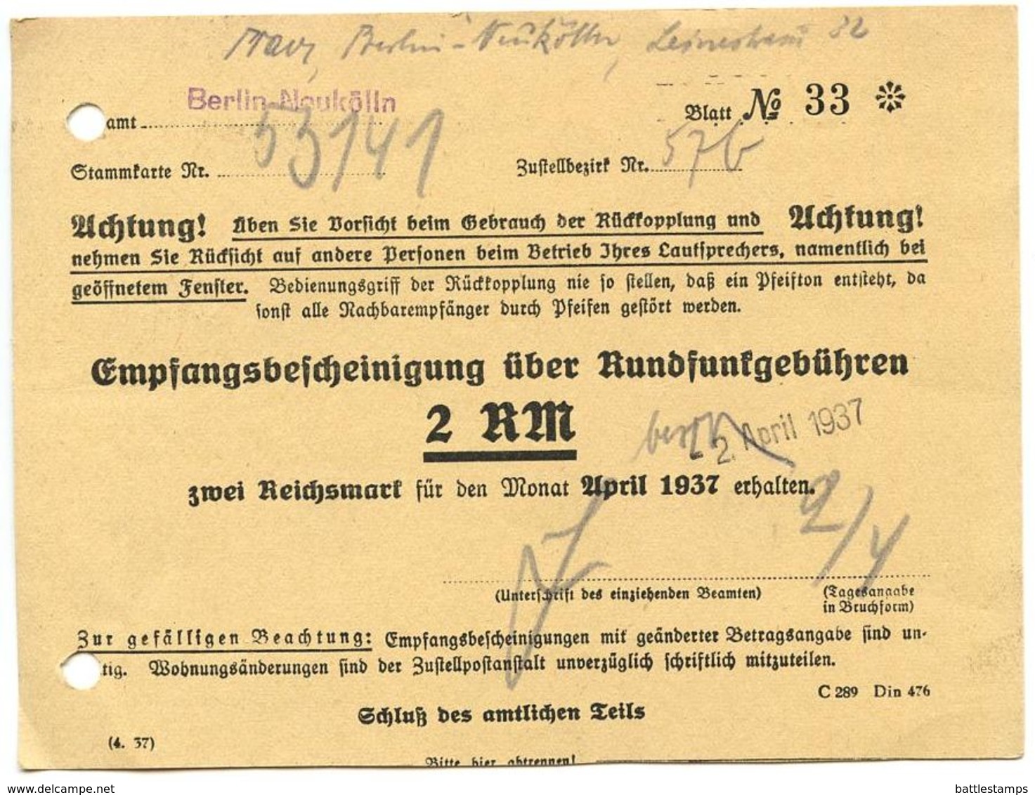 Germany 1937 Berlin-Neukölln, Empfangsbescheinigung über Rundfunkgebühren - 1900 – 1949