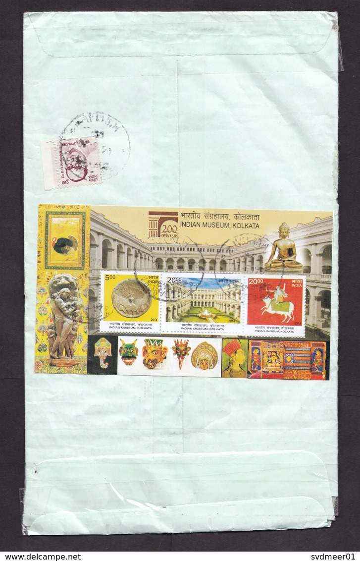 India: Cover To Netherlands, 2018, 4 Stamps, Souvenir Sheet, Indian Museum, Heritage, Art, Mask, Buddha (minor Damage) - Brieven En Documenten