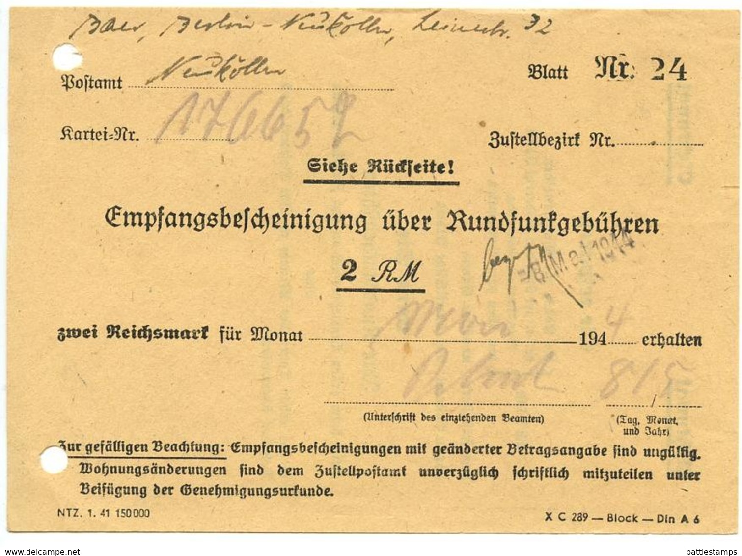 Germany 1944 Berlin-Neukölln, Empfangsbescheinigung über Rundfunkgebühren - 1900 – 1949