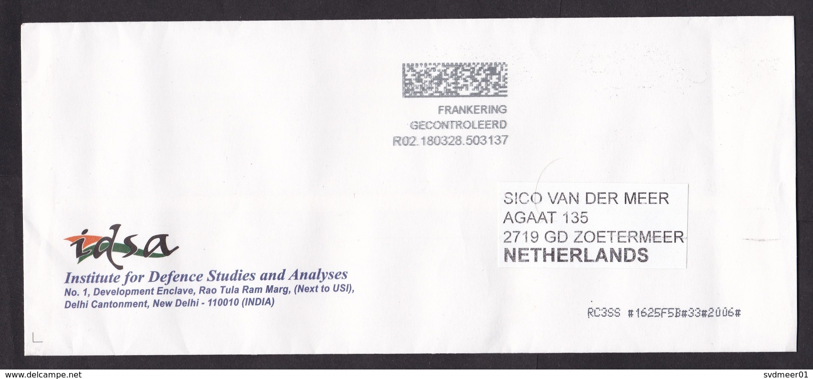 India: Cover To Netherlands, 2018, No Stamp, Dutch Mark 'postage Control', Defence Institute, Military (traces Of Use) - Brieven En Documenten