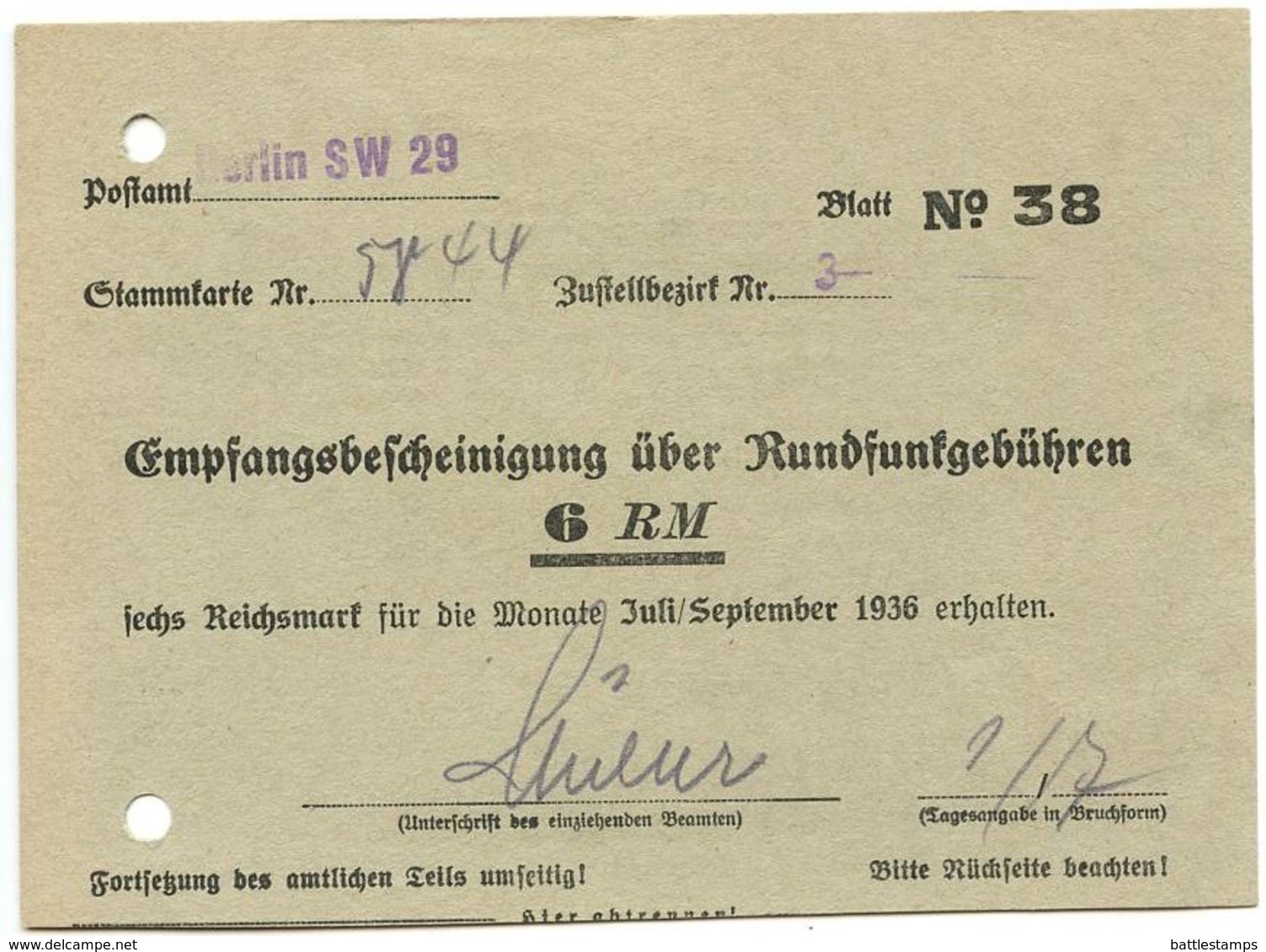 Germany C.1936 Berlin, Empfangsbescheinigung über Rundfunkgebühren - 1900 – 1949