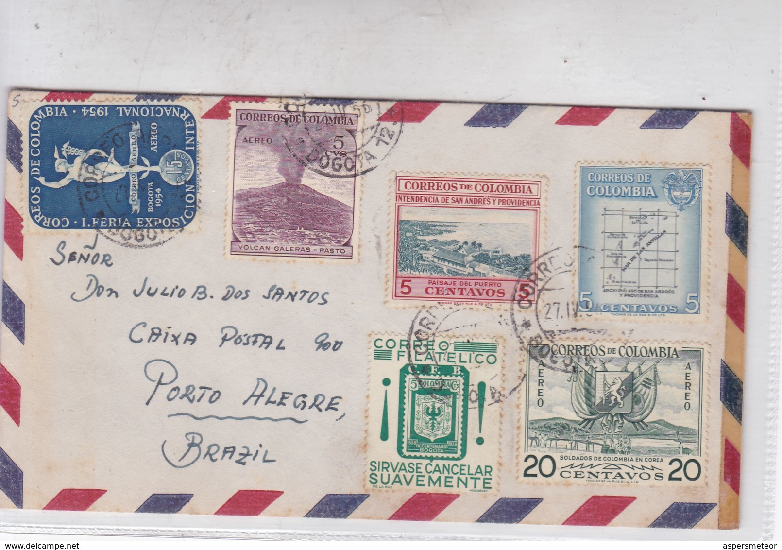 AIRMAIL. CIRCULEE TO PORTO ALEGRE 1956. MIXED STAMPS. COLOMBIA.-BLEUP - Colombia