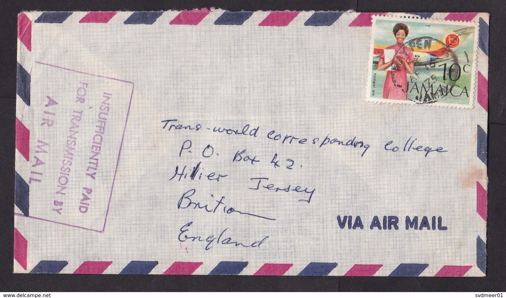 Jamaica: Airmail Cover To UK, 1975, 1 Stamp, Airplane, Stewardess, Cancel Insufficiently Paid, Air (damaged, See Scan) - Jamaica (1962-...)