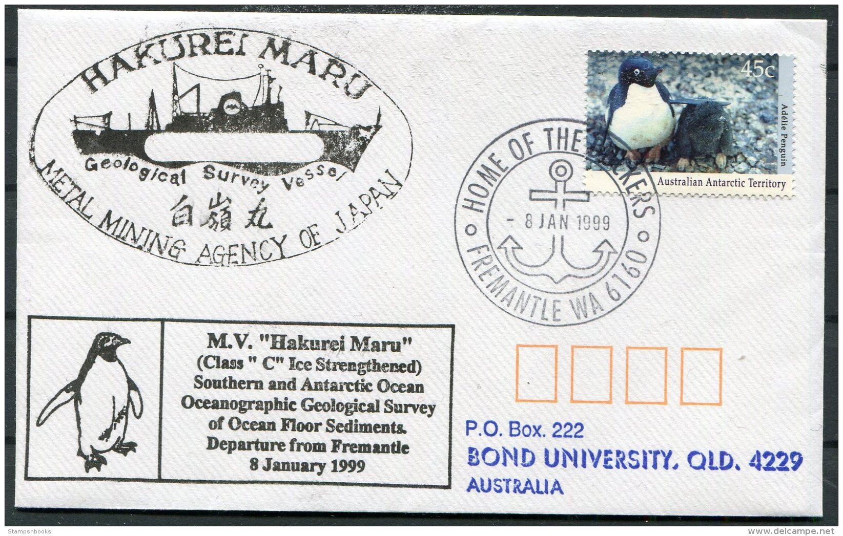 1999 AAT Japan Antarctic Penguin HAKUREI MARU Ship Cover. Geological Survey, Freemantle WA - Polar Ships & Icebreakers