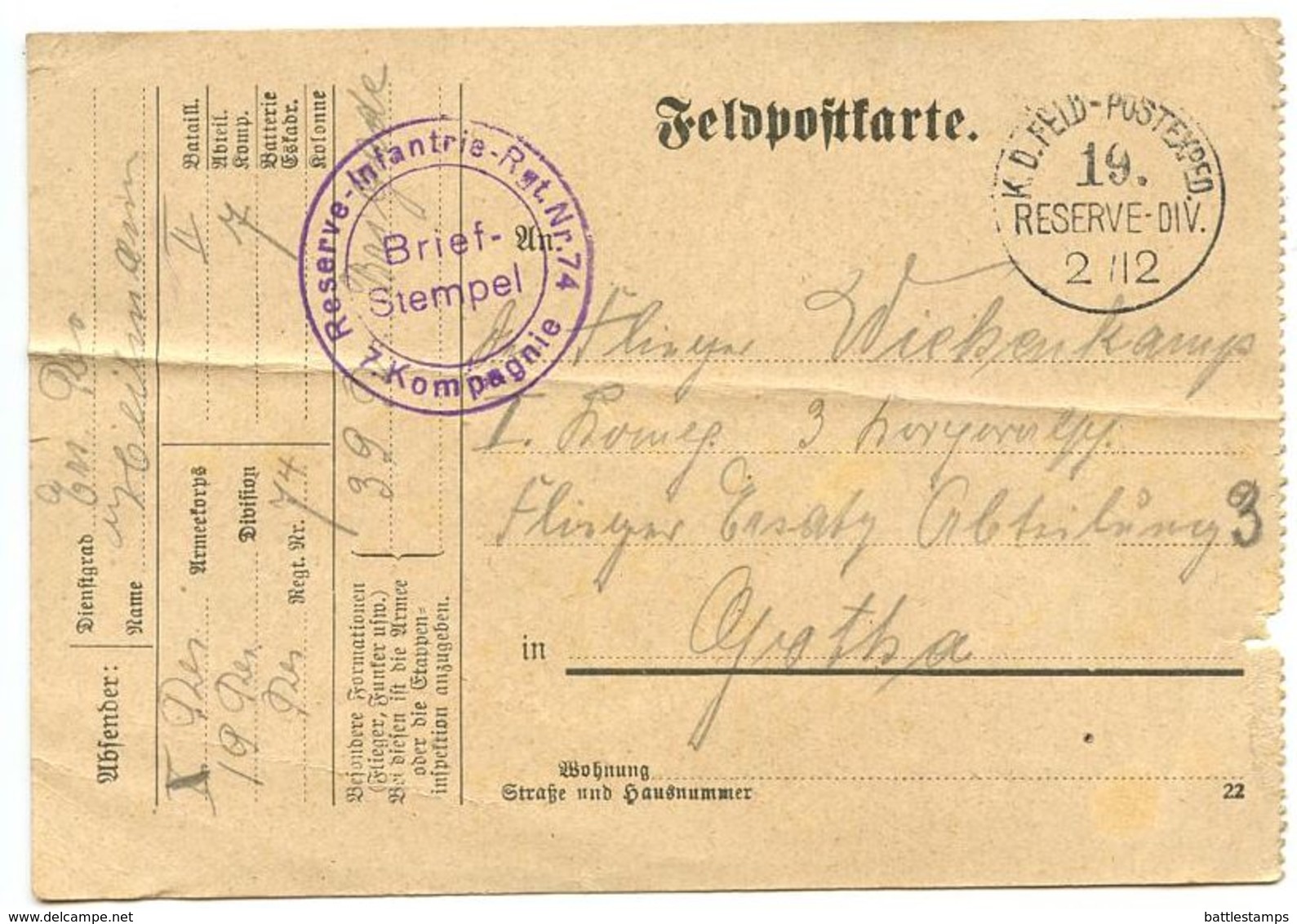 Germany 1915 WWI Feldpostkarte K.D. Feld-Postexped. 19 Reserve-Div. To Gotha - Feldpost (Portofreiheit)