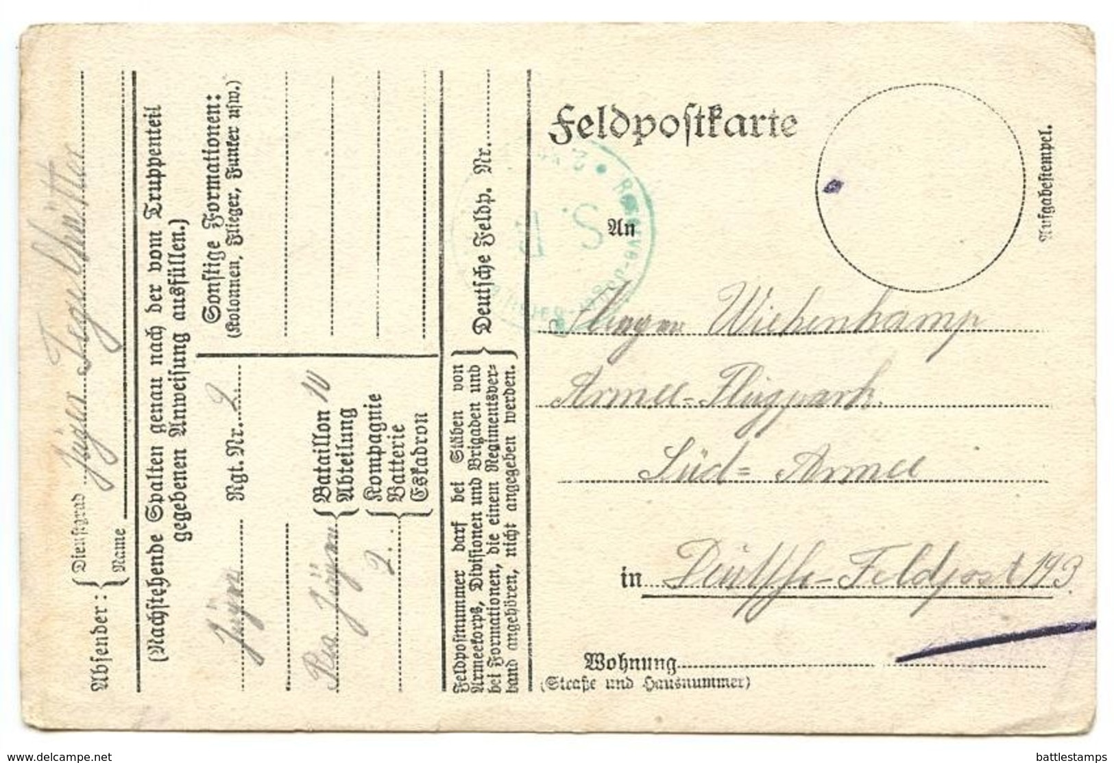 Germany WWI Feldpostkarte Reserve-Jäger-Bataillon Nr. 10 2 Komp. To Feldpost 193 - Feldpost (Portofreiheit)