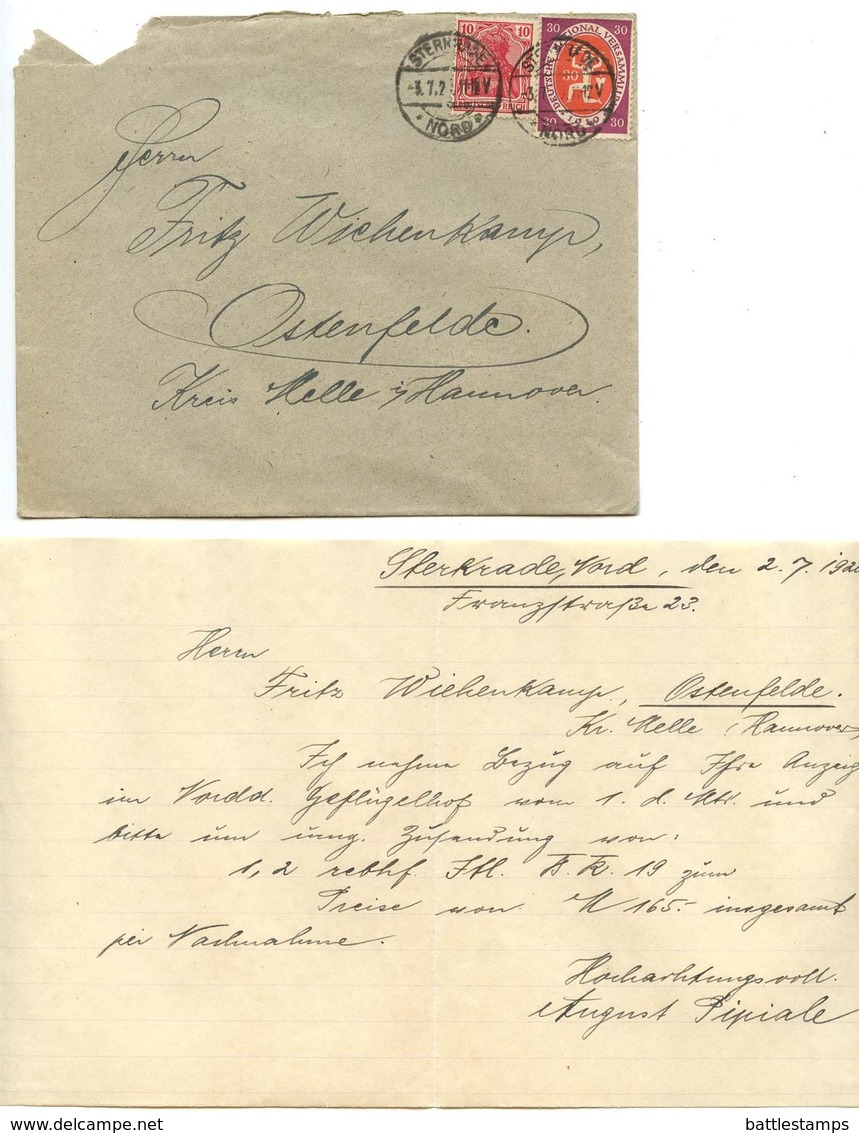 Germany 1920 Cover & Letter Sterkrade To Ostenfelde, Scott 108 National Assembly - Covers & Documents