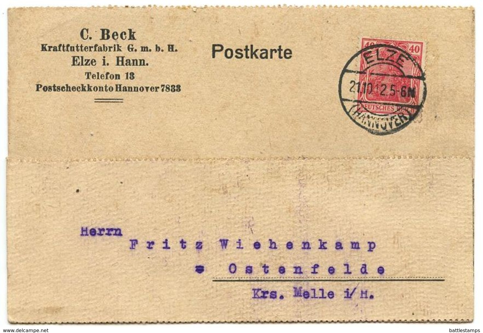 Germany 1921 Postcard Elze I. Hannover - C. Beck, Kraftutterfabrik, Scott 124 - Covers & Documents