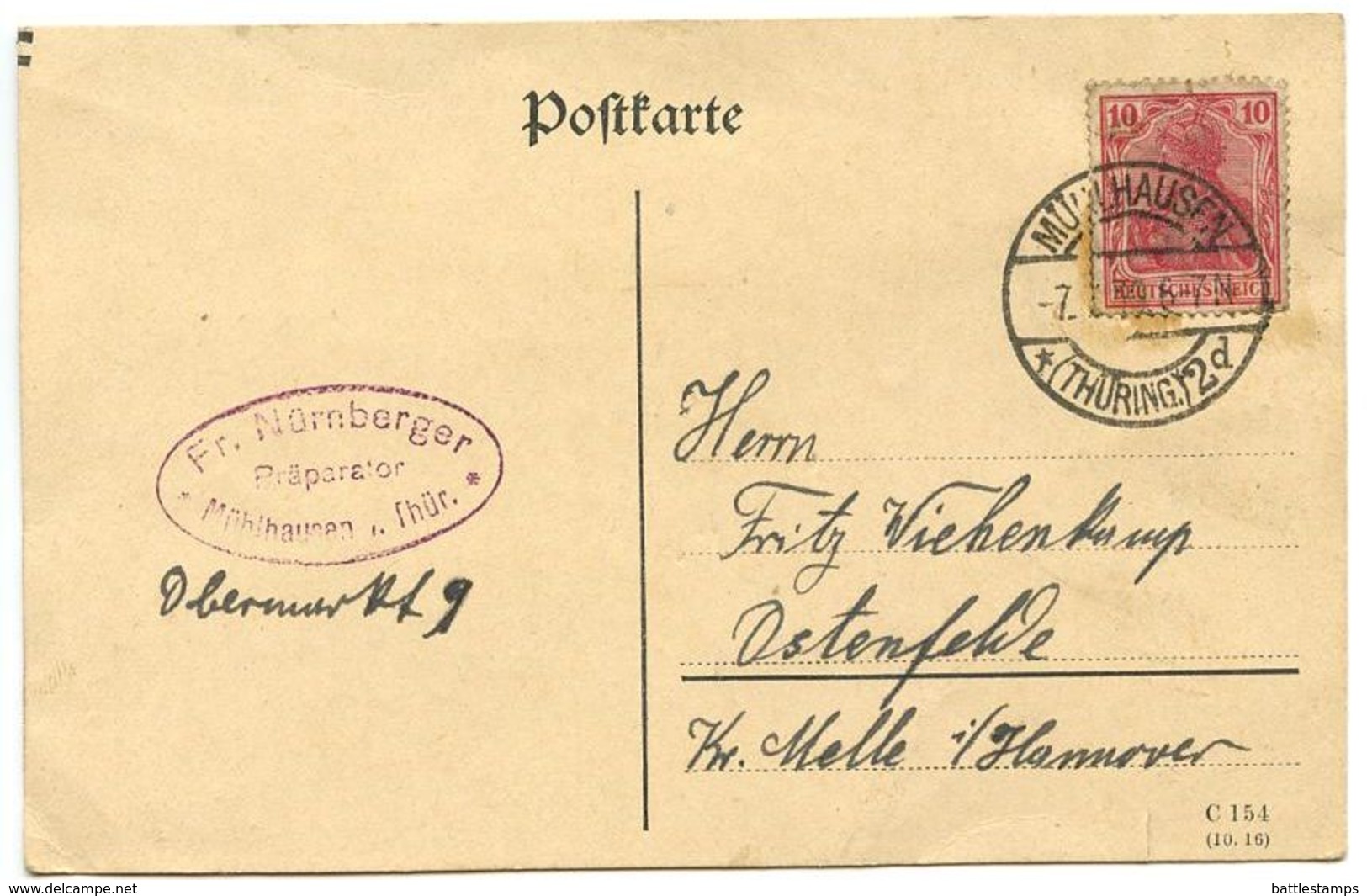 Germany 1919 Postcard Mühlhausen - Fr. Nürnberger, Präparator To Ostenfelde - Covers & Documents