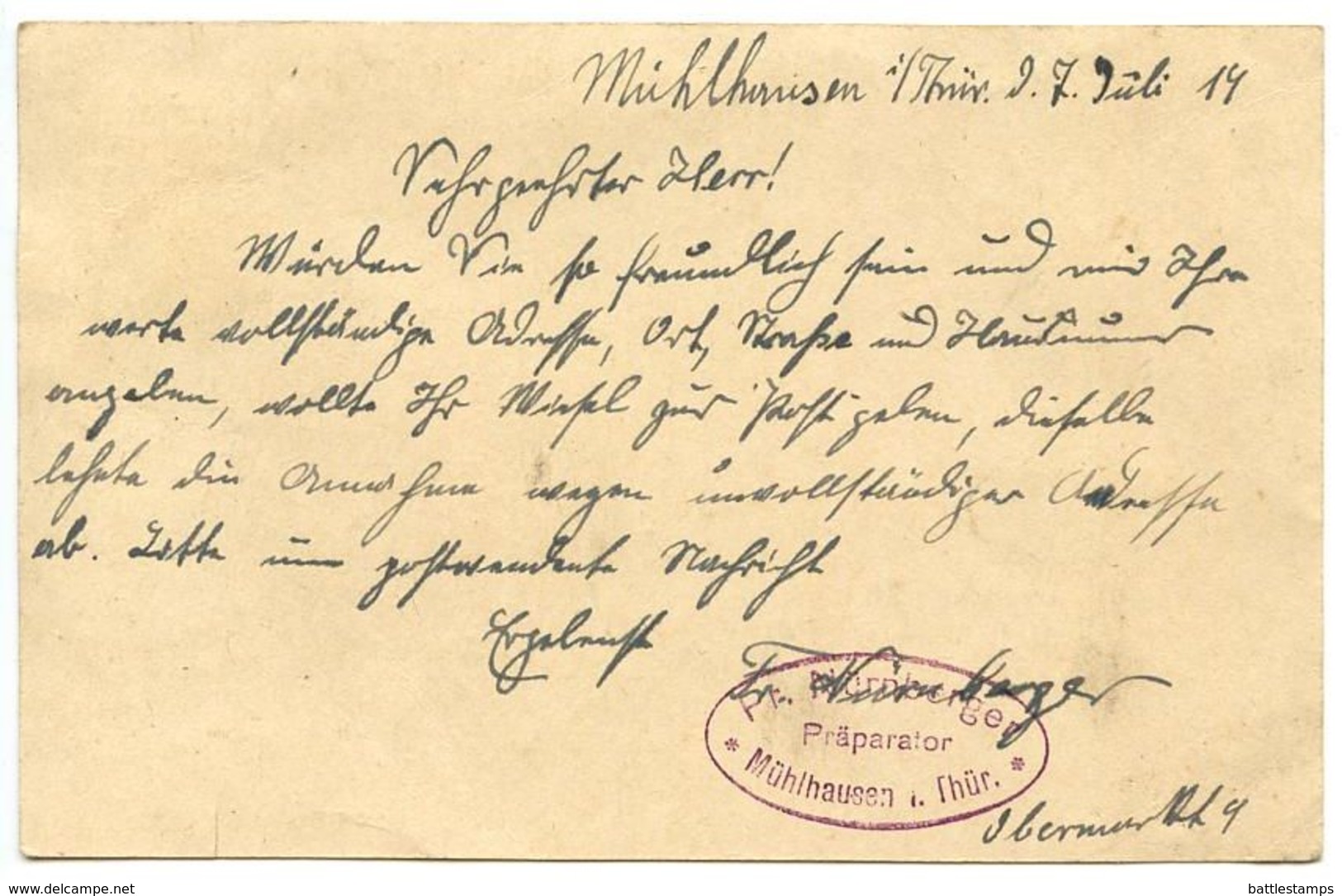 Germany 1919 Postcard Mühlhausen - Fr. Nürnberger, Präparator To Ostenfelde - Covers & Documents