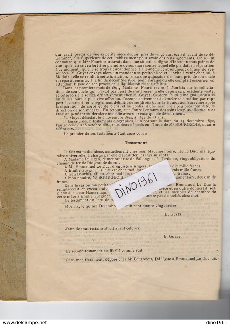 VP12.291 - Tribunal Cicil De MORLAIX 1895 - Mémoire - Affaire De La Succession De M.Benjamin GUYET De La VILLENEUVE - Collections