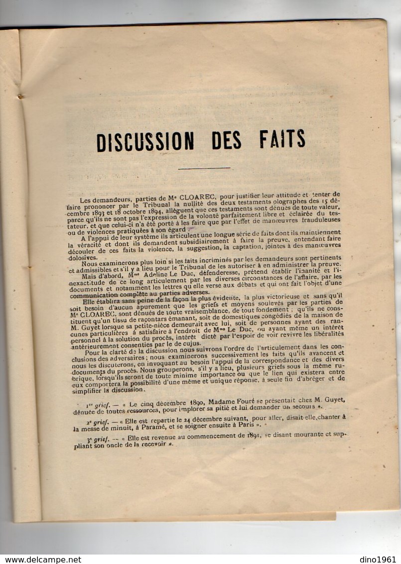 VP12.291 - Tribunal Cicil De MORLAIX 1895 - Mémoire - Affaire De La Succession De M.Benjamin GUYET De La VILLENEUVE - Colecciones
