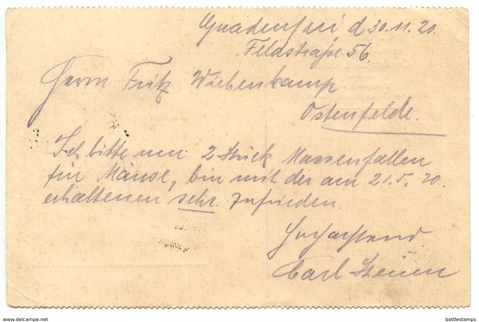 Germany 1920 Postcard Gnadenfrei To Ostenfelde, Scott 84 & 119 Germania - Briefe U. Dokumente