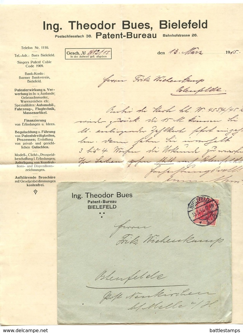 Germany 1915 Cover & Letter Bielefeld - Ing. Theodor Bues, Patent-Bureau To Ostenfelde - Covers & Documents