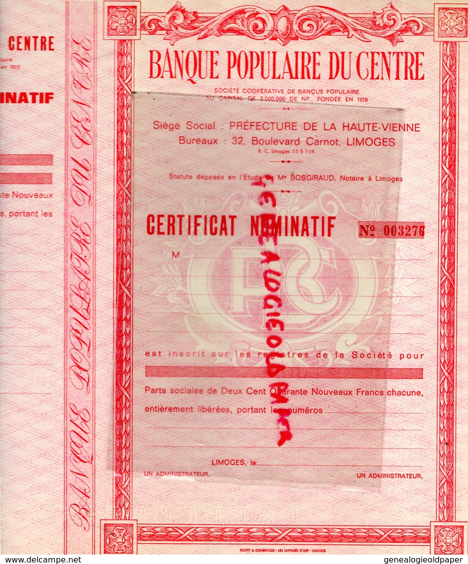 87-  LIMOGES- RARE CERTIFICAT NOMINATIF -  32 BOULEVARD CARNOT - PARTS SOCIALES DE DEUX CENT QUARANTE NOUVEAUX FRANCS - Banque & Assurance