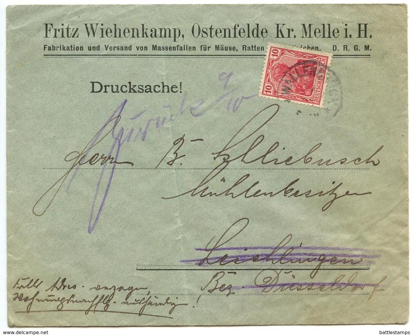 Germany 1910‘s Cover Wallenbrück, Fritz Wiehenkamp To Leichlingen - Covers & Documents