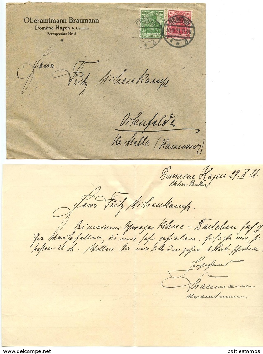 Germany 1921 Cover & Letter Genthin - Oberamtmann Braumann To Ostenfelde - Covers & Documents