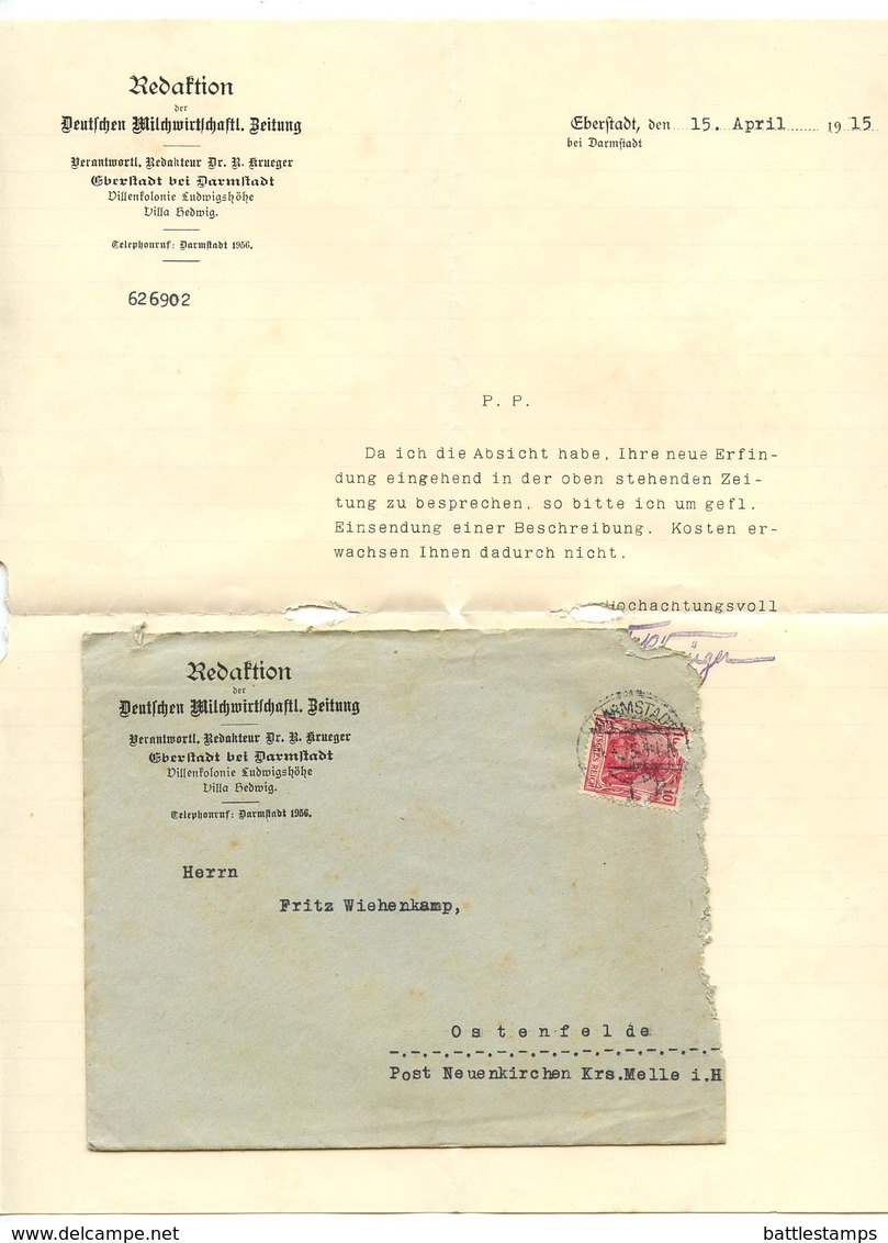 Germany 1915 Cover & Letter Darmstadt - Redaktion Der Deutschen Milchwirtschaftl - Covers & Documents