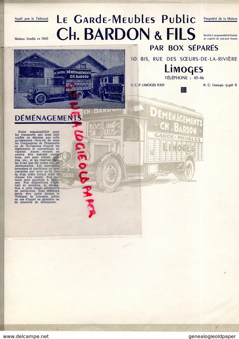 87-  LIMOGES- RARE LETTRE EN TETE CH. BARDON & FILS-GARDE MEUBLES PUBLIC-DEMENAGEMENTS-10 BIS RUE DES SOEURS MARGUERITES - Automobile