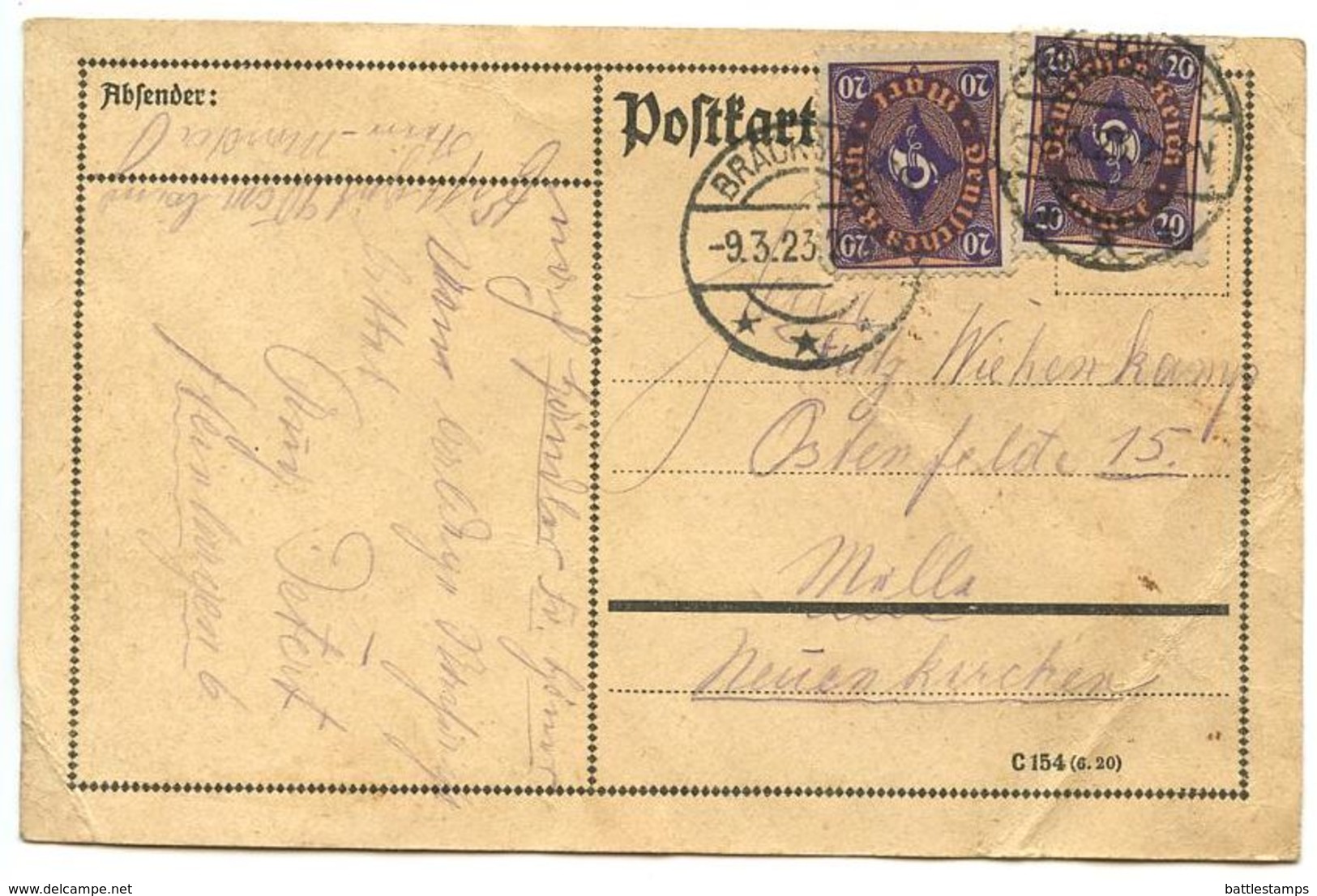 Germany 1923 Postcard Brackwede To Ostenfelde, Scott 182 Post Horn X 2 - Covers & Documents