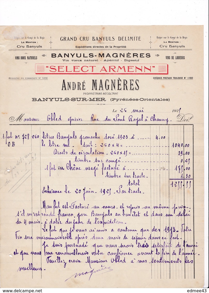 Facture 1925 André Magnères, Propriétaire-récoltant, Vins Doux Naturels, Banyuls-sur-Mer (Pyrénées-Orientales) - Food