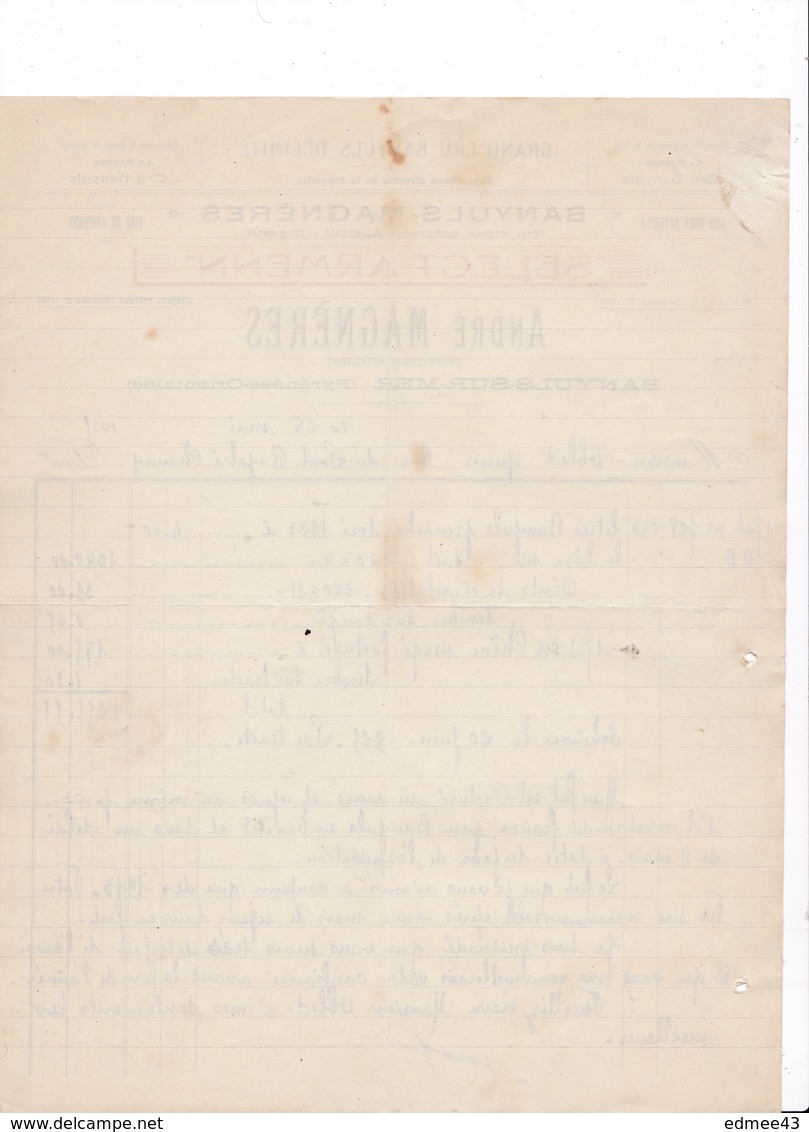 Facture 1925 André Magnères, Propriétaire-récoltant, Vins Doux Naturels, Banyuls-sur-Mer (Pyrénées-Orientales) - Food