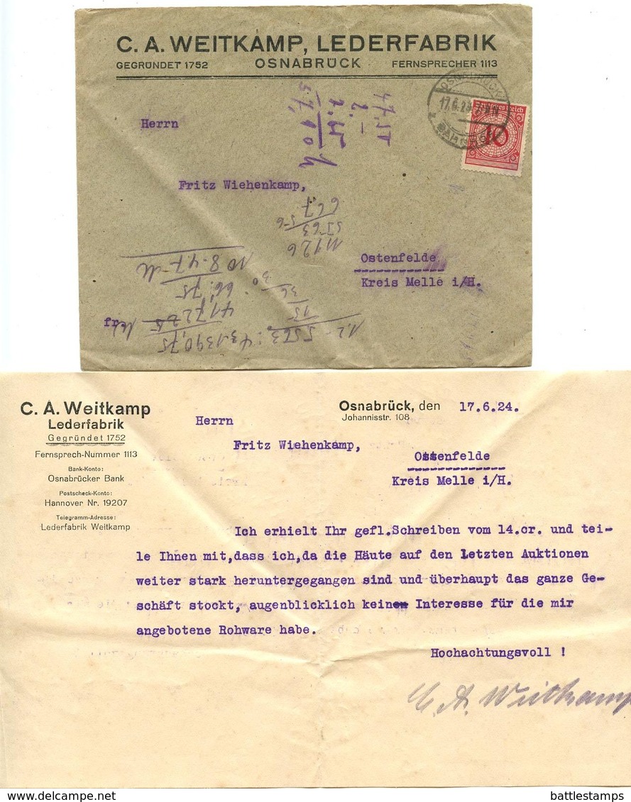 Germany 1924 Cover & Letter Osnabrück - C.A. Weitkamp, Lederfabrik - Covers & Documents