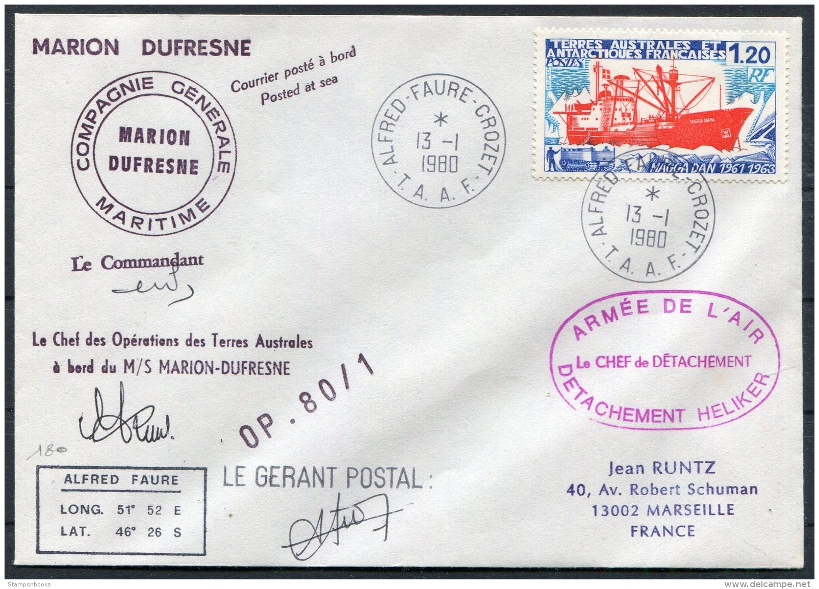 1980 TAAF Antarctic Alfred Faure Paquebot Marion Dufresne Ship Cover. Armee De L'Air - Covers & Documents