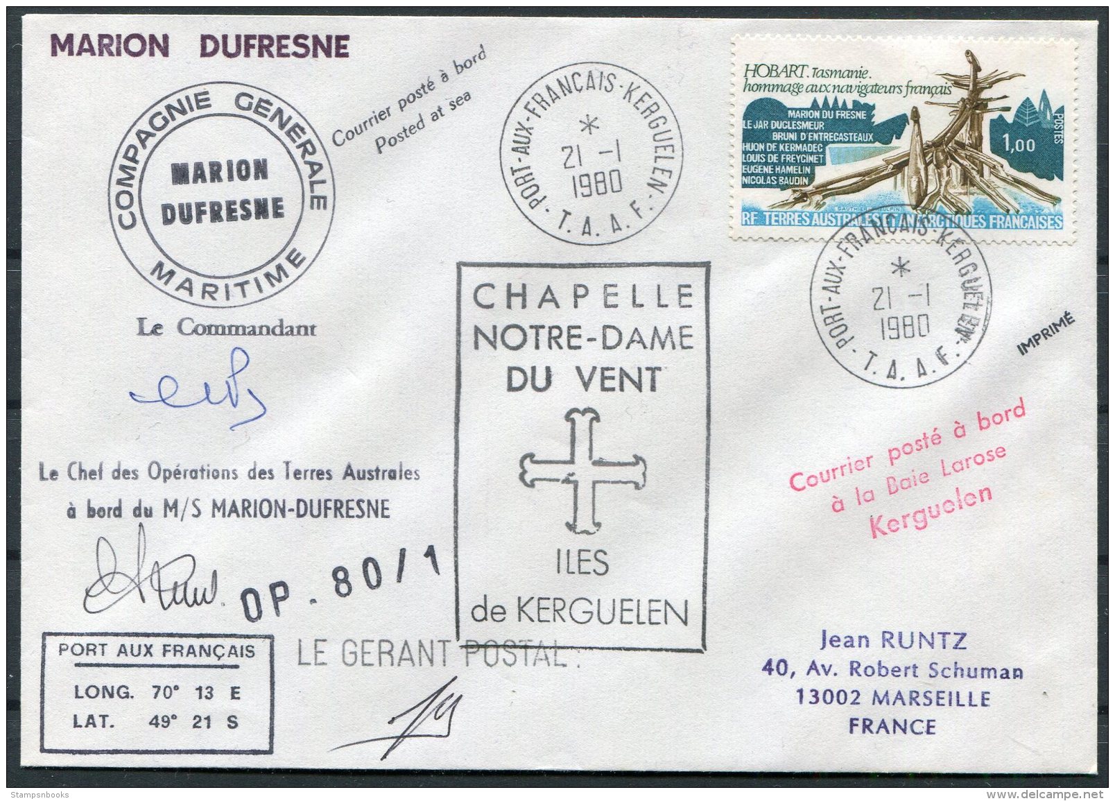 1980 TAAF Antarctic Paquebot Marion Dufresne Ship Cover. Port Aux Francais Kerguelen. Chapelle Notre-Dame Du Vent - Covers & Documents