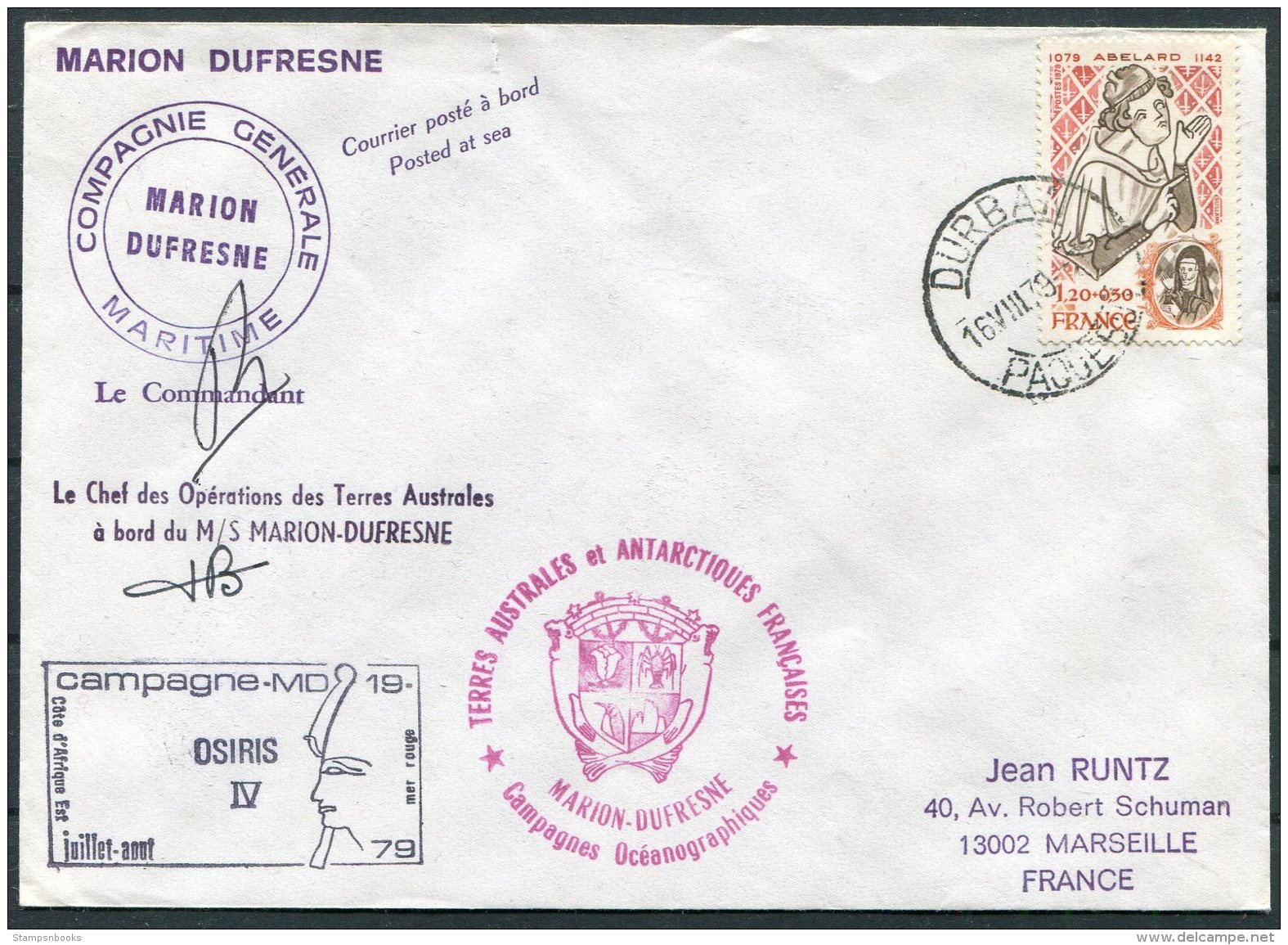 1979 TAAF Antarctic Paquebot Marion Dufresne Ship Cover. OSIRIS 4 Durban, South Africa - Covers & Documents