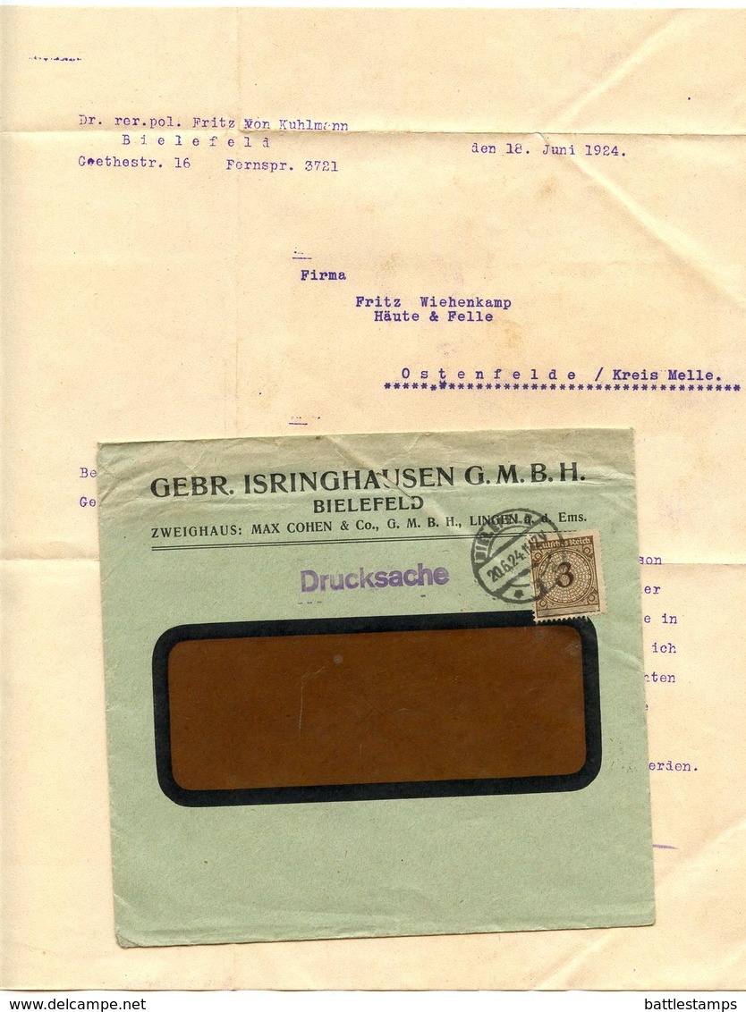 Germany 1924 Cover & Letter Bielefeld - Gebr. Isringhausen To Ostenfelde - Covers & Documents