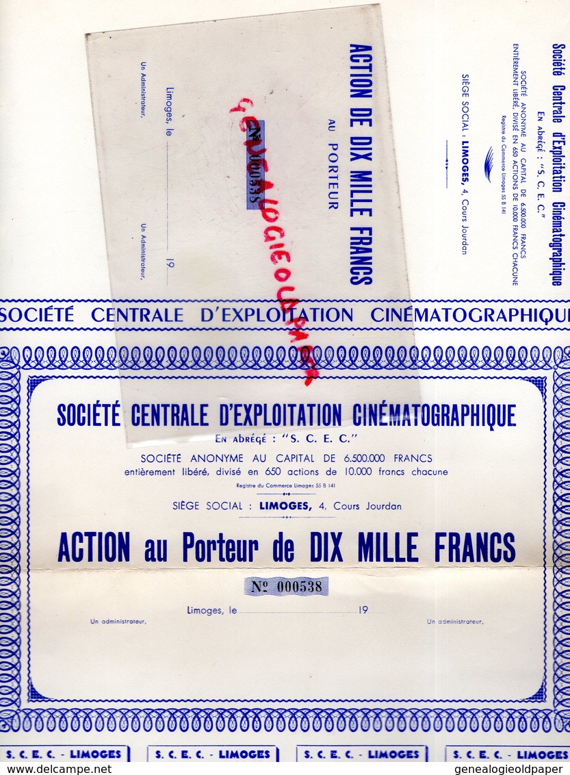 87-  LIMOGES- TRES RARE ACTION AU PORTEUR DE DIX MILLE FRANCS- SOCIETE CENTRALE EXPLOITATION CINEMATOGRAPHIQUE-CINEMA- - Kino & Theater