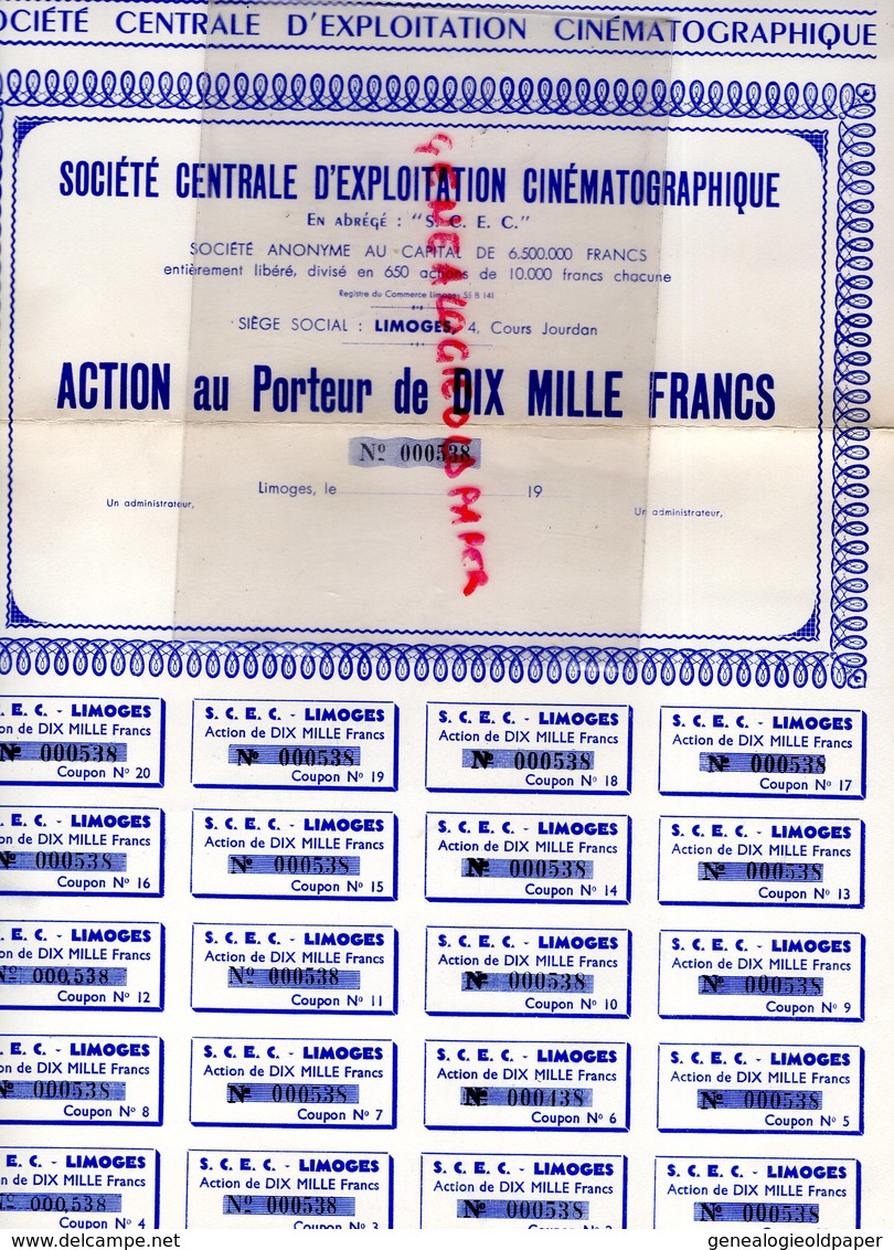 87-  LIMOGES- TRES RARE ACTION AU PORTEUR DE DIX MILLE FRANCS- SOCIETE CENTRALE EXPLOITATION CINEMATOGRAPHIQUE-CINEMA- - Cinéma & Theatre