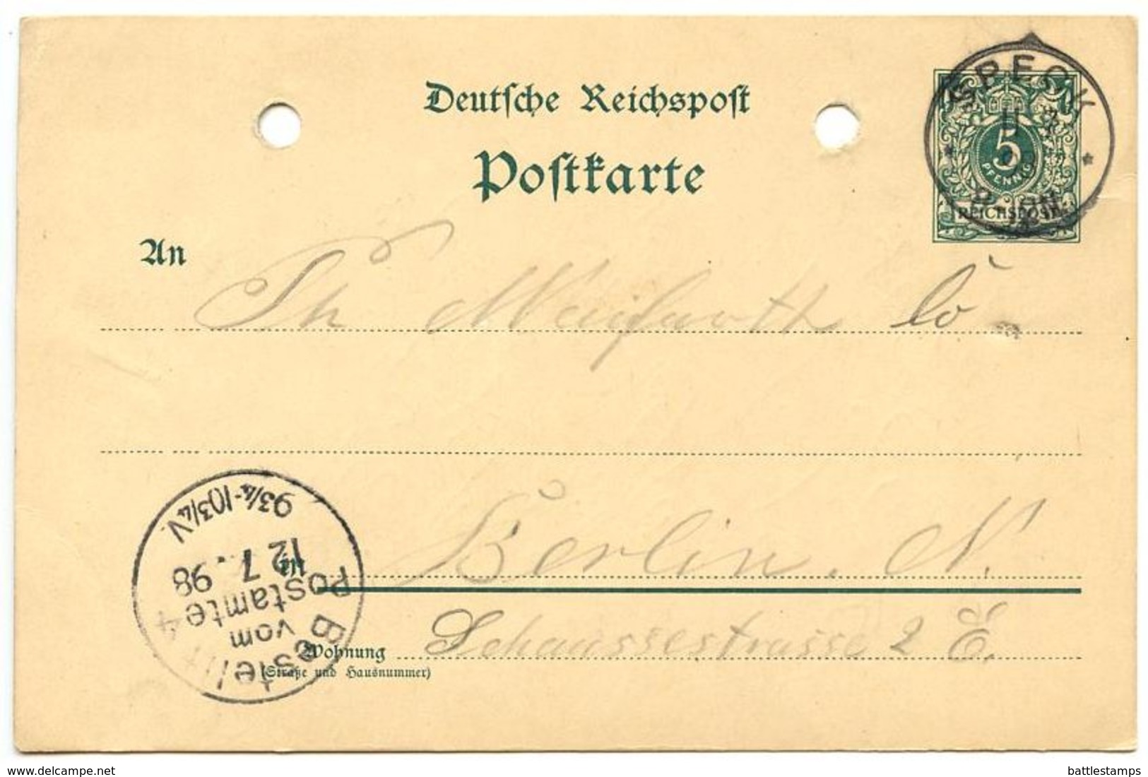 Germany 1898 5pf Crown Postal Card Speck To Berlin - Postcards