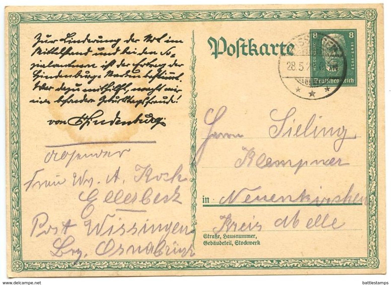 Germany 1928 8pf Hindenburg Birthday Postal Card Wissingen To Neuenkirchen Kreis Melle - Cartoline