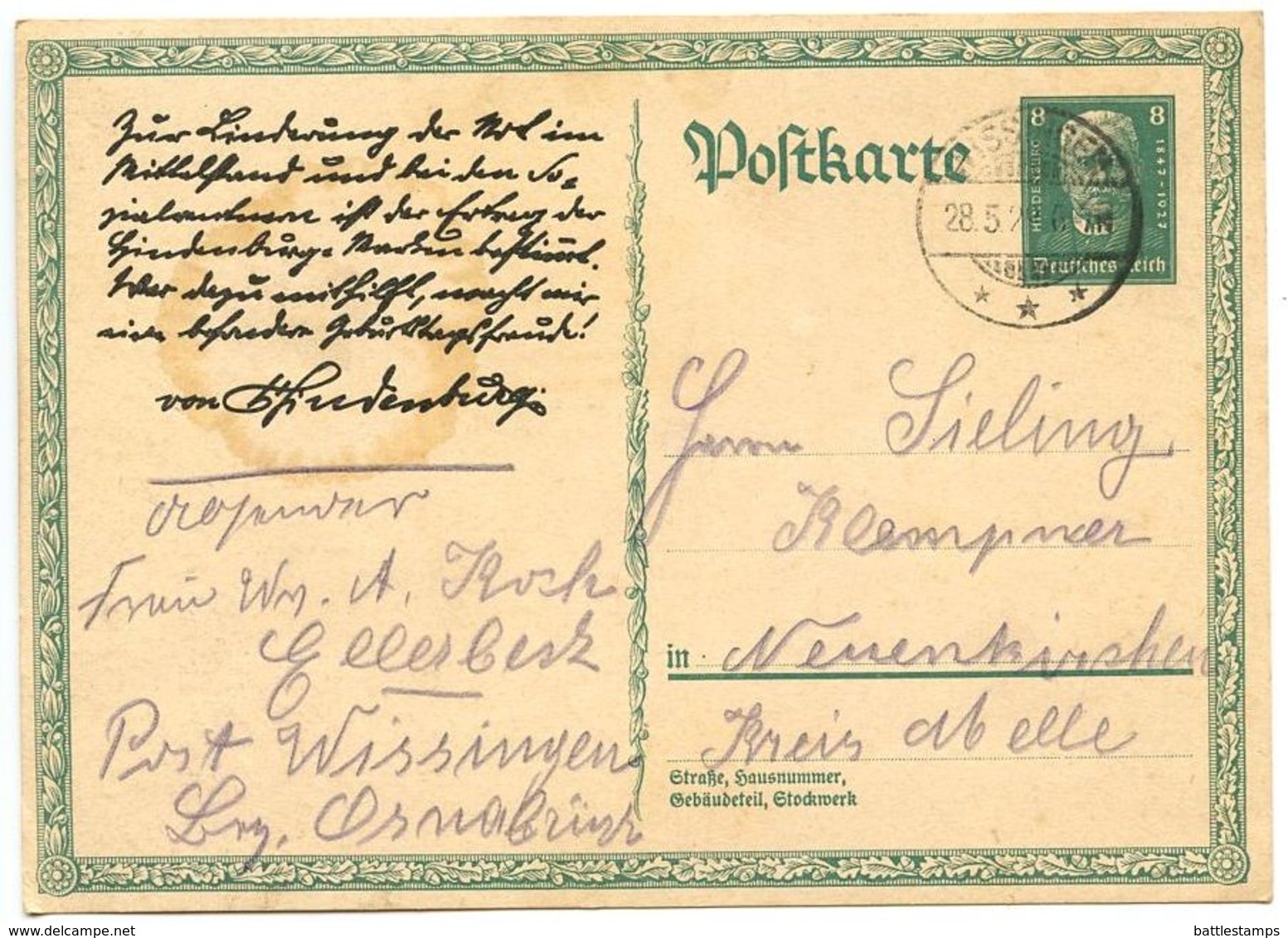 Germany 1928 8pf Hindenburg Birthday Postal Card Wissingen To Neuenkirchen Kreis Melle - Postcards