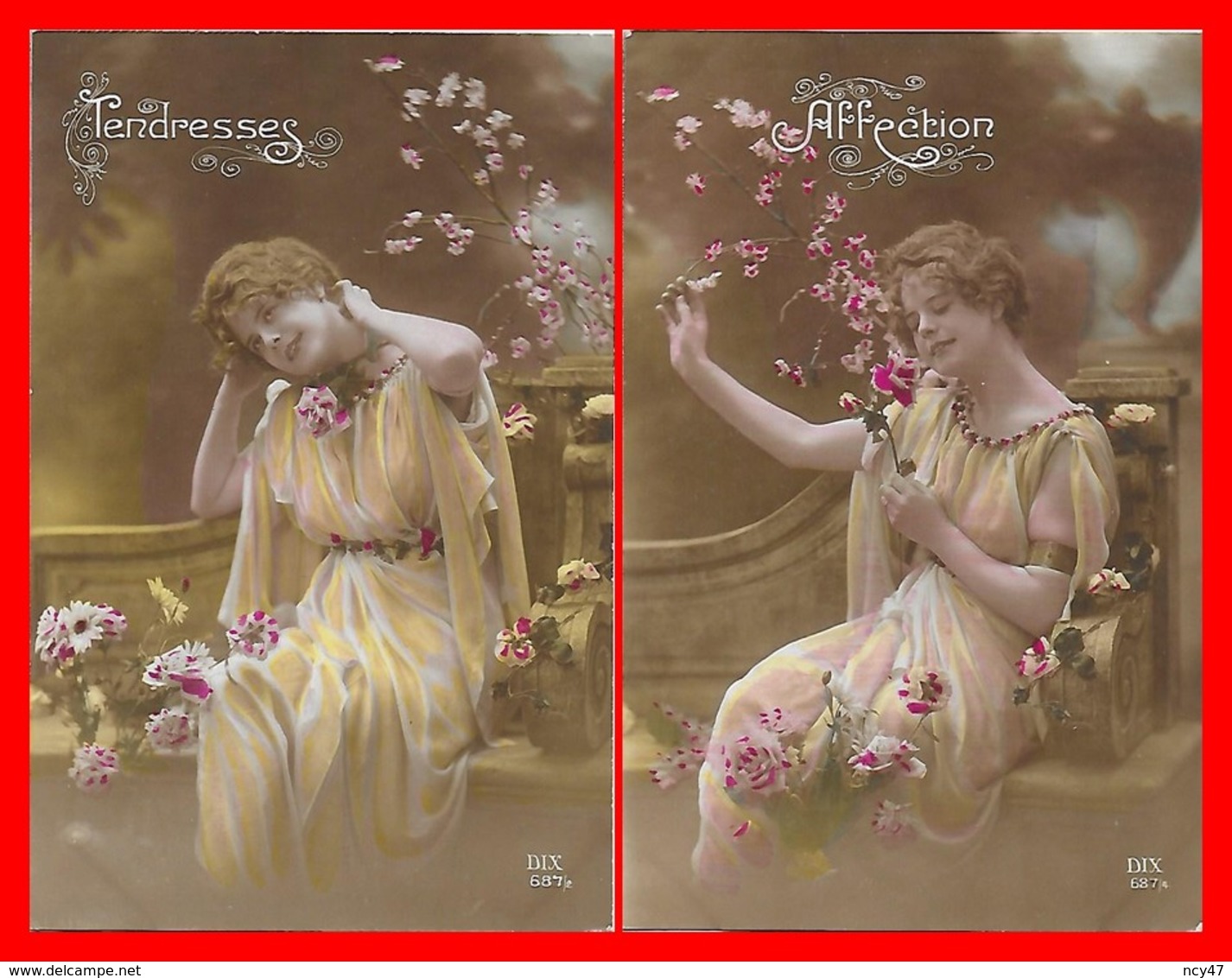 2 CPA  FANTAISIES. "Tendresses Et Affection" Jolie Femme En Robe D'organdi Et Fleurs ...S049 - Femmes