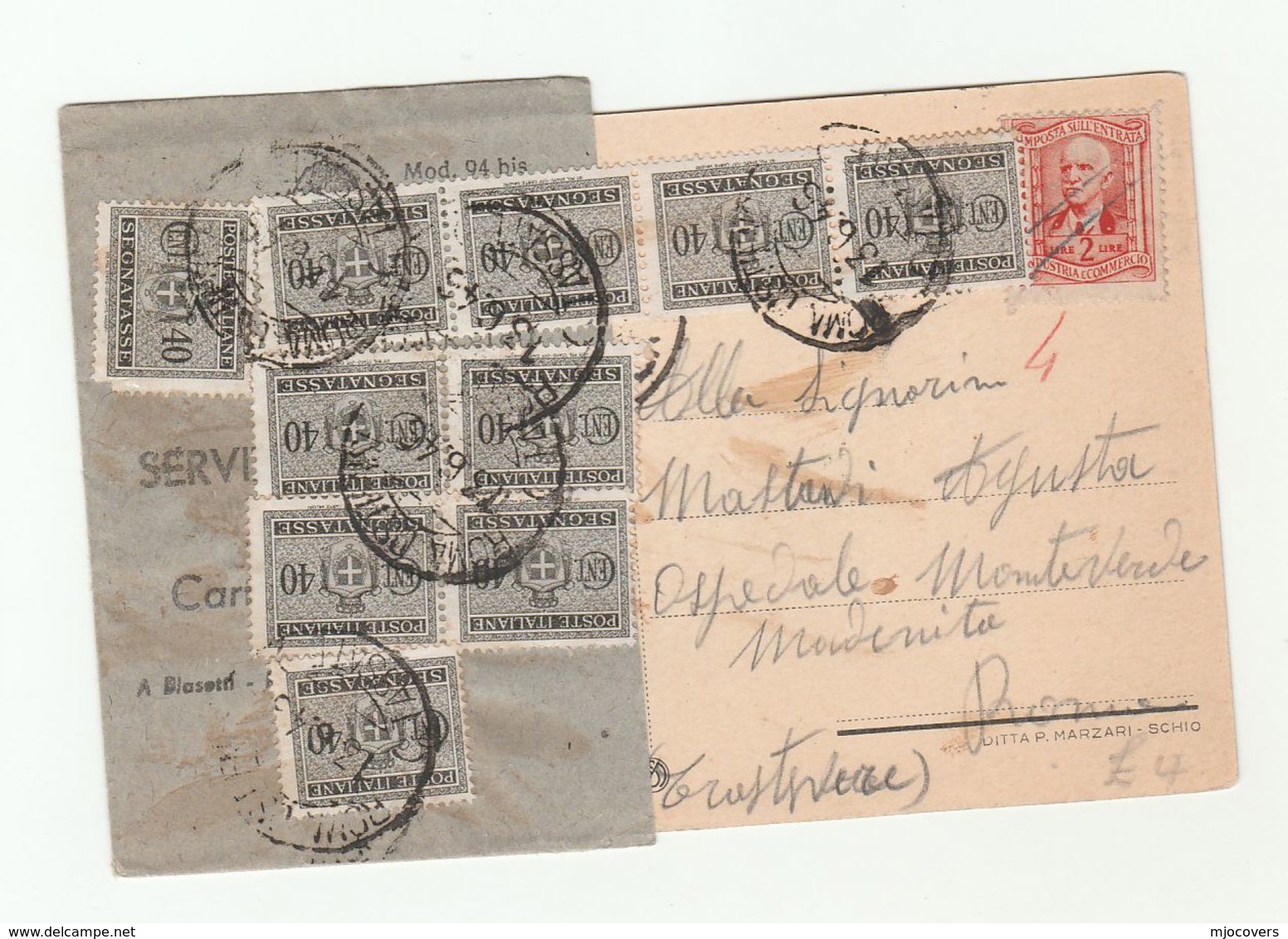 1946 ITALY COVER 10 X 40c SEGNATASSE Postage Due Stamps, 2L Crossed Though Invalid (Postcard Half Covered By Post Label) - 1946-60: Marcofilie