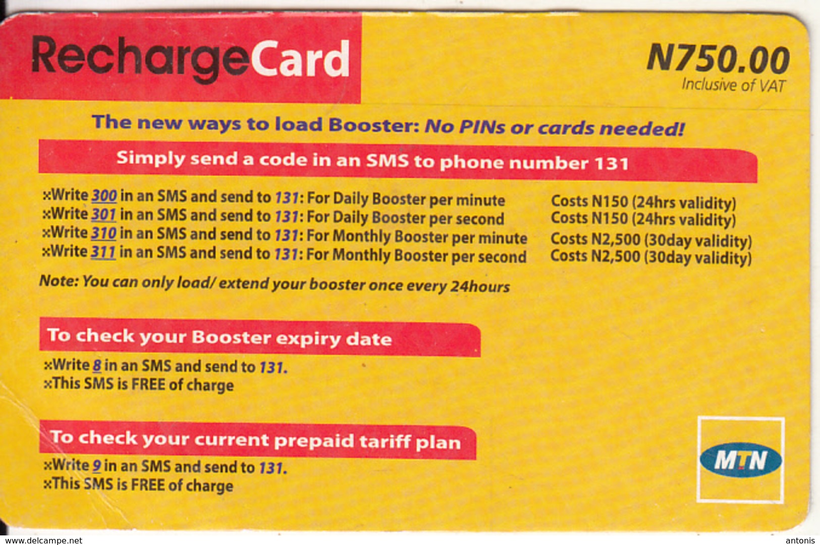 NIGERIA - MTN Recharge Card N 750, Used - Nigeria