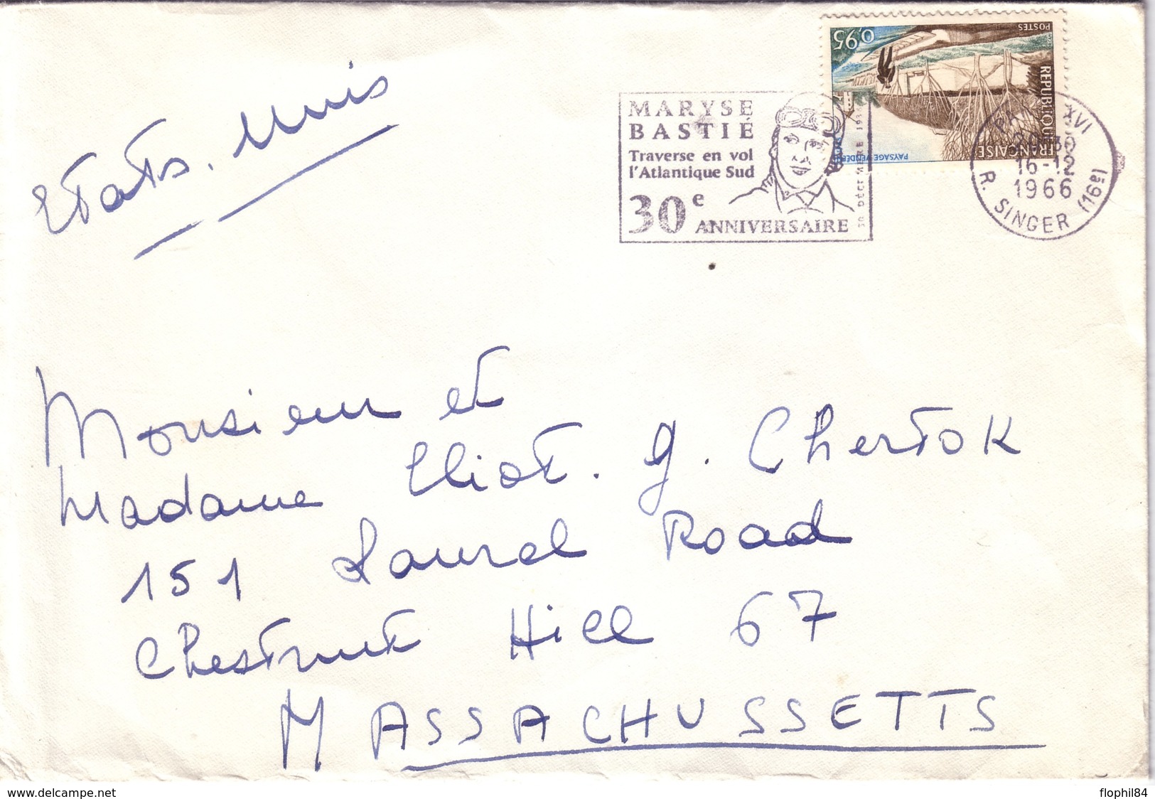 PARIS - FLAMME - MARYSE BASTIE 30e ANNIVERSAIRE - AFFRANCHISSEMENT A 0F95 POUR LES ETATS UNIS - 16-12-1966. - Postal Rates