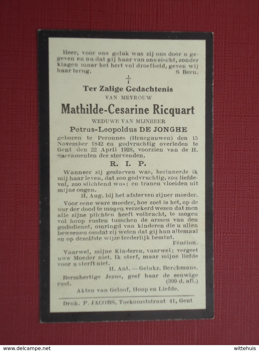 Mathilde Ricquart - De Jonghe Geboren Te Peronnes 1842 En Overleden Te Gent 1928  (2scans) - Religion & Esotérisme