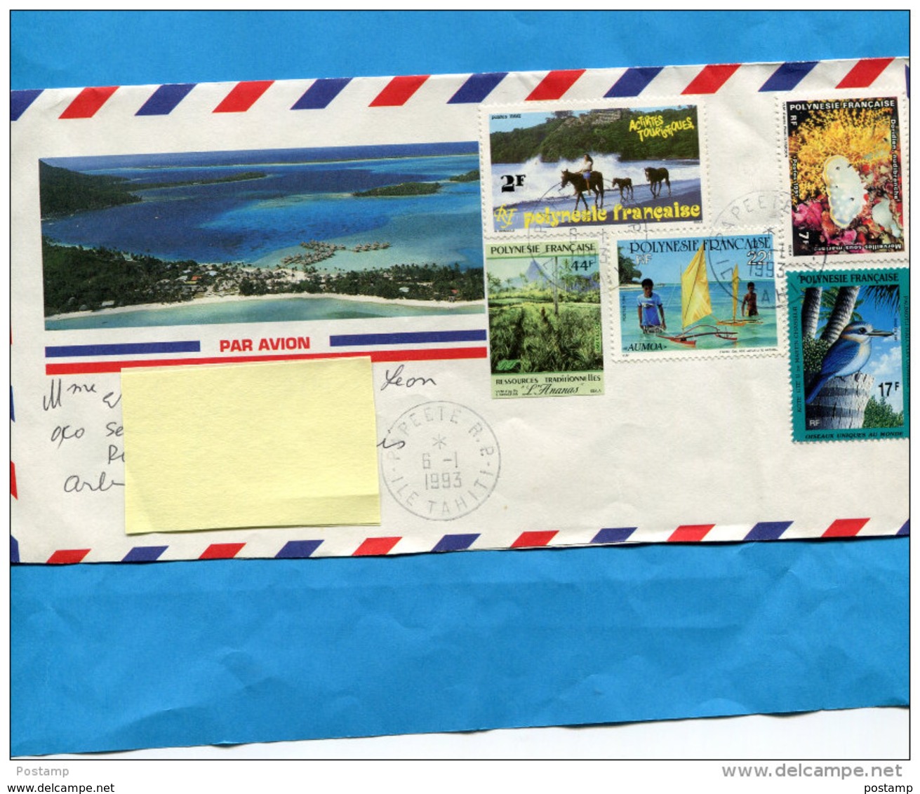 MARCOPHILIE-Lettre-POLYNESIE-pour Françe-cad 1993 Ile Tahiti -bel Affranchissement 5 Timbres - Lettres & Documents