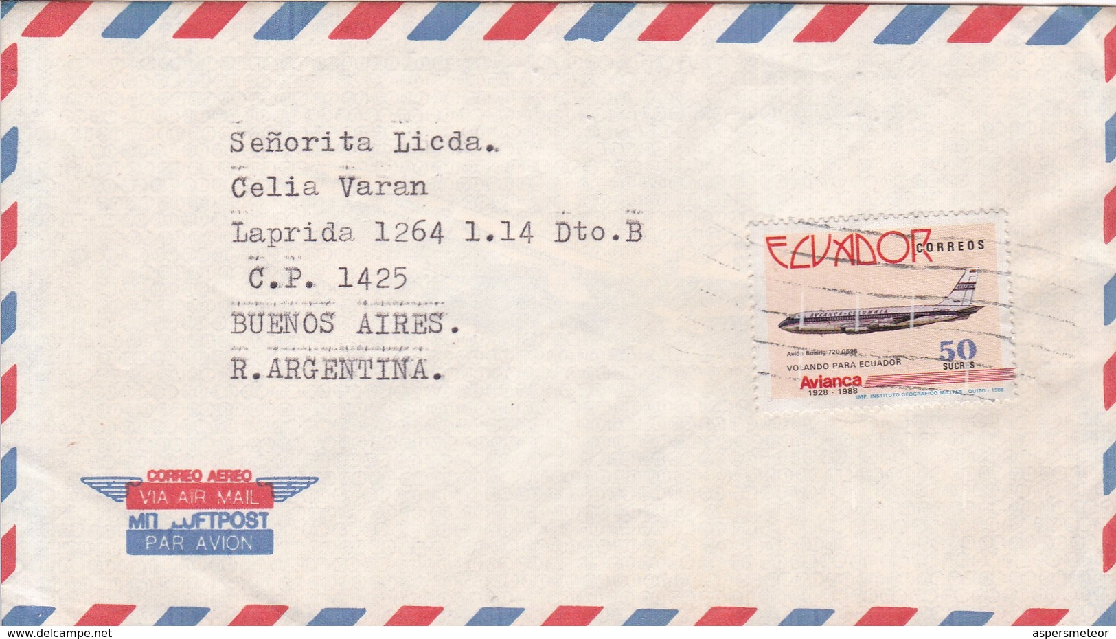 DR HOMERO  MARTINEZ TO LIC CELIA VARAN. AIRMAIL CIRCULEE QUITO ECUADOR A BUENOS AIRES. CIRCA 1987.-BLEUP - Ecuador