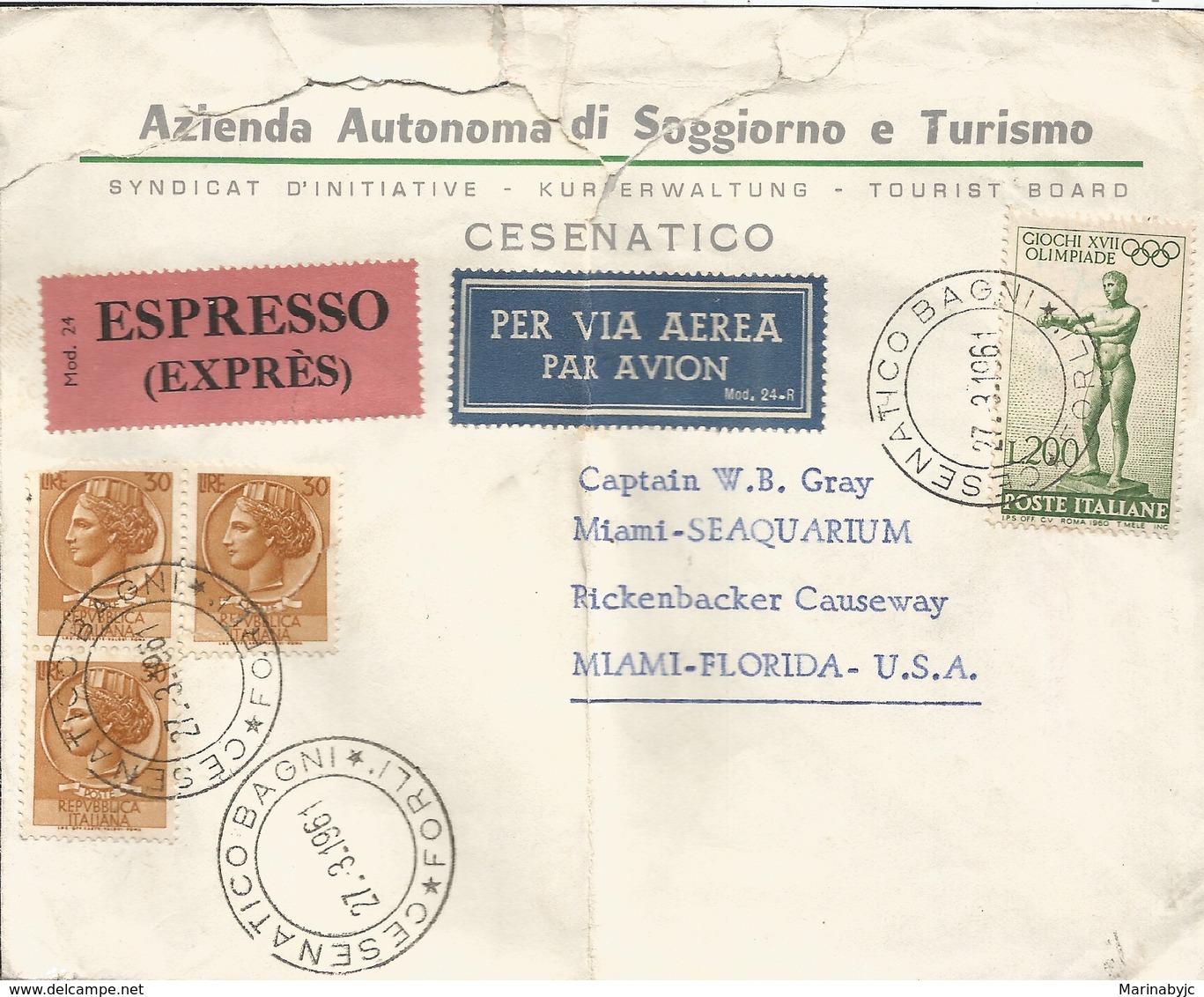 M) 1961, ITALY, AIR MAIL, EXPRESS, OLYMPIC GAMES XVII, (200LIRE), CIRCULATED COVER FROM ITALY TO USA. - Unclassified