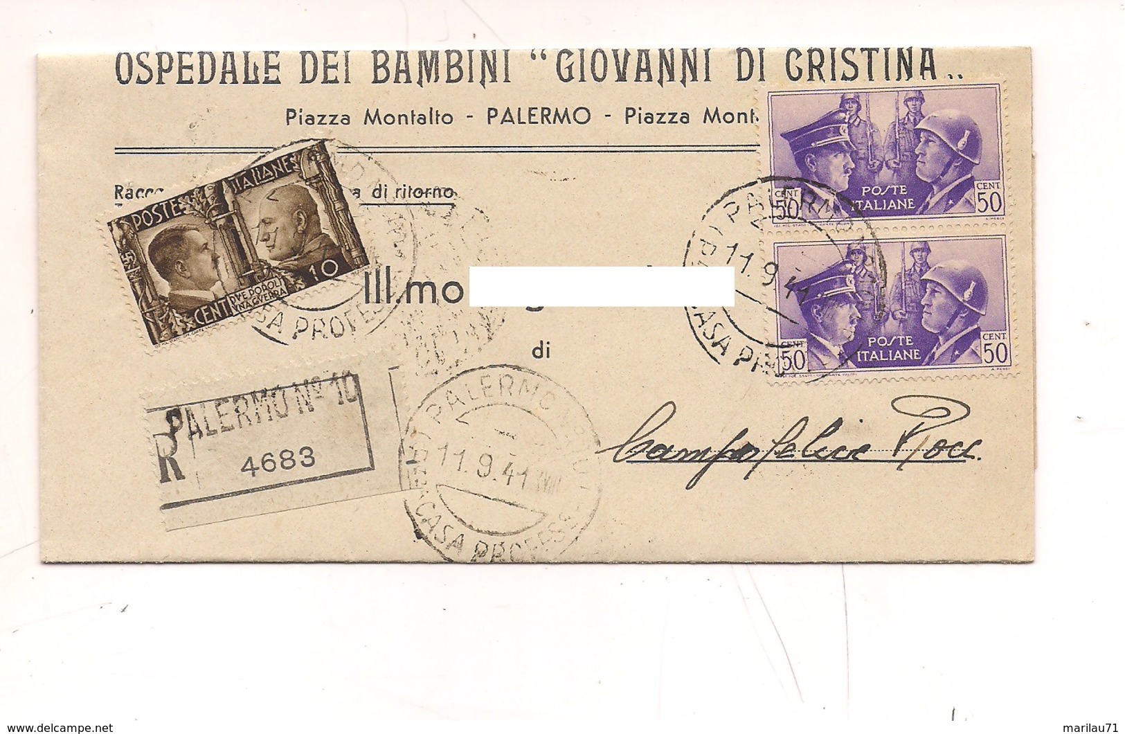 7858 ALLEANZA 3 VALORI RACCOMANDATA 1941 TARIFFA £1,10 - Poststempel